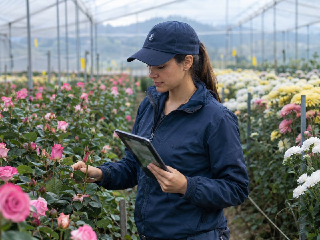 Flower farm professional checking the roses with a tablet